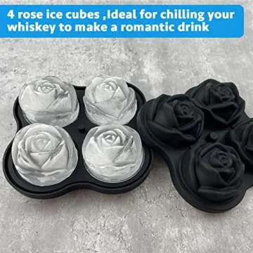 CAMKYDE Rose Ice Cube Tray 2.5 Inch [1 Mold + 1 Funnel + 4 Stoppers], 4 Cavity Silicone Rose Ice Cube Mold for Whiskey, Chilling Cocktails, Bourbon, Juice (Black)