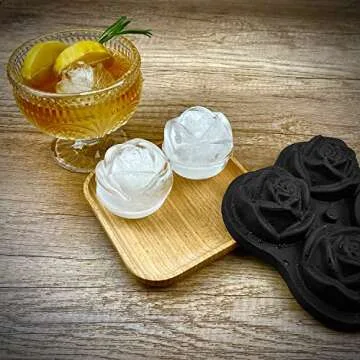 CAMKYDE Rose Ice Cube Tray 2.5 Inch [1 Mold + 1 Funnel + 4 Stoppers], 4 Cavity Silicone Rose Ice Cube Mold for Whiskey, Chilling Cocktails, Bourbon, Juice (Black)