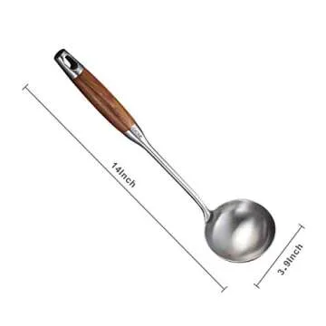 Soup Ladle,304 Stainless Steel Cooking Ladle Spoon Wok Tools with Long Wooden Handle Heat Resistant,...