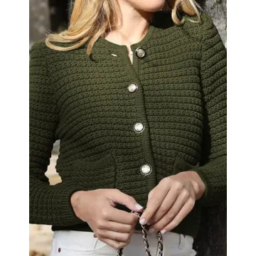 Fenclushy Womens Knit Button Down Sweater Coat Casual Long Sleeve Cardigan Sweater Outerwear Vintag Coat White Pockets(Green,L)