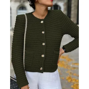 Fenclushy Womens Knit Button Down Sweater Coat Casual Long Sleeve Cardigan Sweater Outerwear Vintag Coat White Pockets(Green,L)