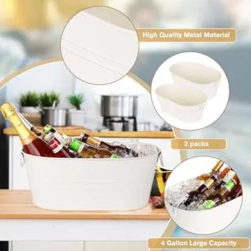 Galvanized Tub Beverage Tubs, 2pcs Metal Ice Buckets for Cocktail Bar 3 Gallon Wine Beer Drink Buckets with Handles Large Tub Cooler Mimosa Bar Supplies Ice Bucket for Parties (White)