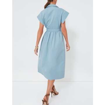 Haellun Women's Elegant Dress Classy Turn Down Collar Shirt Dress with Belt Short Wing Sleeve Trench Coat(Blue,XS)