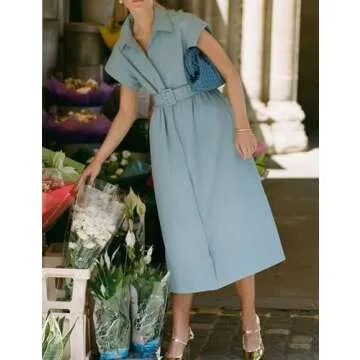 Haellun Women's Elegant Dress Classy Turn Down Collar Shirt Dress with Belt Short Wing Sleeve Trench Coat(Blue,XS)