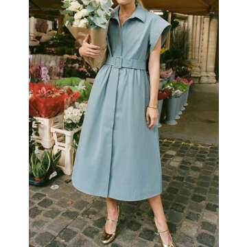 Haellun Women's Elegant Dress Classy Turn Down Collar Shirt Dress with Belt Short Wing Sleeve Trench Coat(Blue,XS)