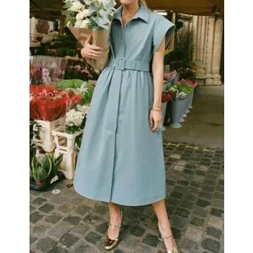 Haellun Women's Elegant Dress Classy Turn Down Collar Shirt Dress with Belt Short Wing Sleeve Trench Coat(Blue,XS)