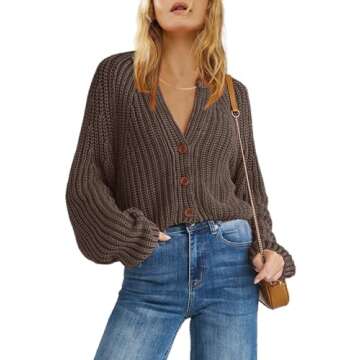 ReachMe Womens Chunky Cable Knit Cardigan Sweaters Long Sleeve Open Front Cropped Cardigan V Neck Button Outerwear(Coffee,S)