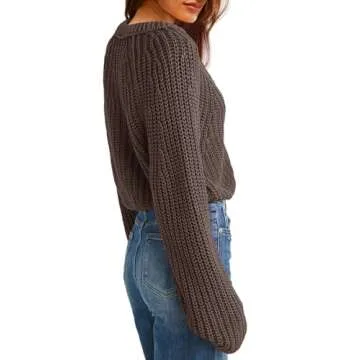 ReachMe Womens Chunky Cable Knit Cardigan Sweaters Long Sleeve Open Front Cropped Cardigan V Neck Button Outerwear(Coffee,S)