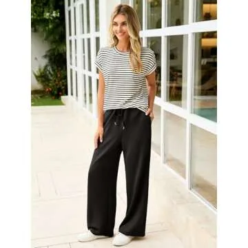 Glamaker 2 Piece Sets for Women Summer Crewneck Casual Tops Wide Leg Pants Travel Outfits Matching Sets Sweatsuit Tracksuits Black M