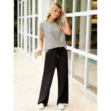 Glamaker 2 Piece Sets for Women Summer Crewneck Casual Tops Wide Leg Pants Travel Outfits Matching Sets Sweatsuit Tracksuits Black M