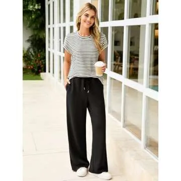 Glamaker 2 Piece Sets for Women Summer Crewneck Casual Tops Wide Leg Pants Travel Outfits Matching Sets Sweatsuit Tracksuits Black M