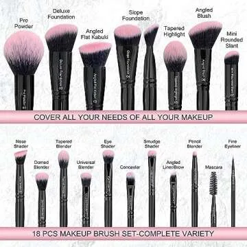 Bueart Design Fuchsia Pink Black 18Pcs ULTRA SOFT LABELED Makeup Brushes set Dense hair make up brushes Set with Foundation Face brush Blending Blush Concealers contour Eyeshadow Brush