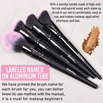 Bueart Design Fuchsia Pink Black 18Pcs ULTRA SOFT LABELED Makeup Brushes set Dense hair make up brushes Set with Foundation Face brush Blending Blush Concealers contour Eyeshadow Brush