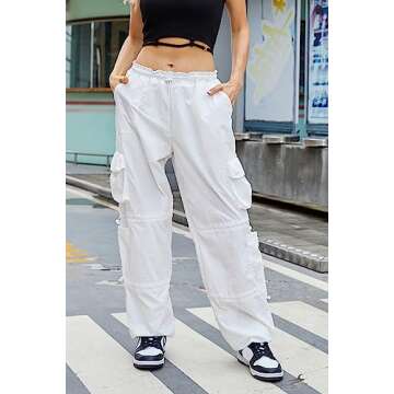 QYANGG Baggy Parachute Pants for Women& Girls Drawstring Elastic Low Waist Ruched Cargo Pants Multiple Pockets Jogger Y2K White