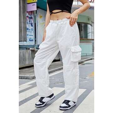 QYANGG Baggy Parachute Pants for Women& Girls Drawstring Elastic Low Waist Ruched Cargo Pants Multiple Pockets Jogger Y2K White