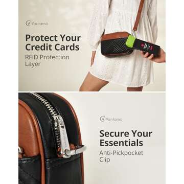 Vantamo Shoulder Bag for Women - Faux Leather Crossbody Bag with Anti Theft RFID Protection & Adjustable Strap - Shoulder Bag with Silver Zippers & Anti Pickpocket Clip - Crossbody Purse