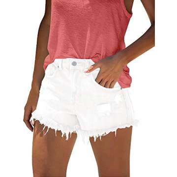 onlypuff Mid Rise Ripped Frayed Denim Shorts Vintage Jean Shorts with Pockets White L，.
