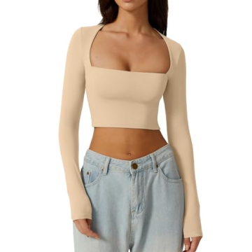 Stylish QINSEN Women’s Sexy Square Neck Long Sleeve Crop Top in Multiple Colors