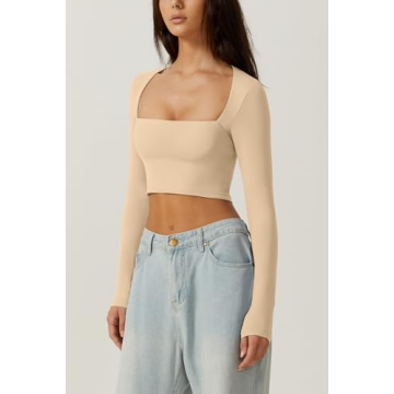 QINSEN Women's Crop Top Long Sleeve Square Neck Fashion