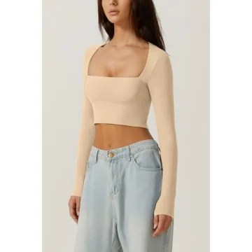QINSEN Women's Crop Top Long Sleeve Square Neck Fashion