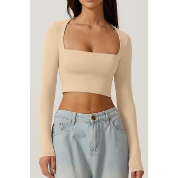 QINSEN Women's Crop Top Long Sleeve Square Neck Fashion