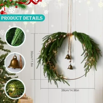 Elegant Norfolk Pine Christmas Wreath with Lights & Bells