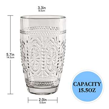CREATIVELAND Colored Vintage Drinking Glasses Set of 4, 15.5 oz Romantic Embossed Water Glasses, Col...