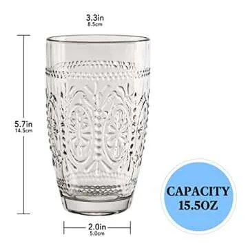 CREATIVELAND Colored Vintage Drinking Glasses Set of 4, 15.5 oz Romantic Embossed Water Glasses, Col...