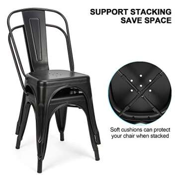 FVLFIL Set of 4 Metal Dining Chairs Indoor Outdoor Stackable Side Chairs Coffee Chair Classic Chic Industrial Vintage, Patio and Dining Metal Side Chairs (Black)