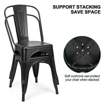 FVLFIL Set of 4 Metal Dining Chairs Indoor Outdoor Stackable Side Chairs Coffee Chair Classic Chic Industrial Vintage, Patio and Dining Metal Side Chairs (Black)
