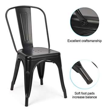 FVLFIL Set of 4 Metal Dining Chairs Indoor Outdoor Stackable Side Chairs Coffee Chair Classic Chic Industrial Vintage, Patio and Dining Metal Side Chairs (Black)