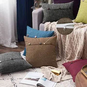 MIULEE Set of 2 Linen Throw Pillow Covers Cushion Case Triple Button Vintage Farmhouse Pillowcase for Couch Sofa Bed 20 x 20 Inch 50 x 50 cm Chocolate