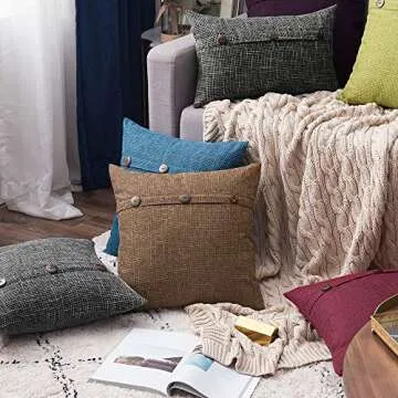 MIULEE Set of 2 Linen Throw Pillow Covers Cushion Case Triple Button Vintage Farmhouse Pillowcase for Couch Sofa Bed 20 x 20 Inch 50 x 50 cm Chocolate