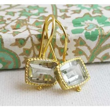 Green Amethyst Gold Plated Sterling Silver Drop Earrings - Handmade Jewelry Gift Ideas for Women - N...