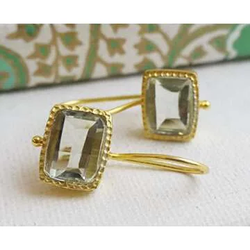 Green Amethyst Gold Plated Sterling Silver Drop Earrings - Handmade Jewelry Gift Ideas for Women - Natural Gem Gemstone - Birthday Valentine's Mother's Day Gift (prasiolite-quartz)