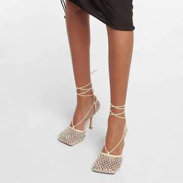 Richealnana Women's Square Toe Crystals Lace Tie Up Strappy Sandals High Heel Slim Heel Sandals Sexy...