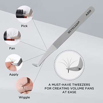 Volume Lash Tweezers Beyelian Lash Tweezers for Eyelash Extensions, Curved L High Precision Tip for Mega Fans, Stainless Steel AS09 Silver.