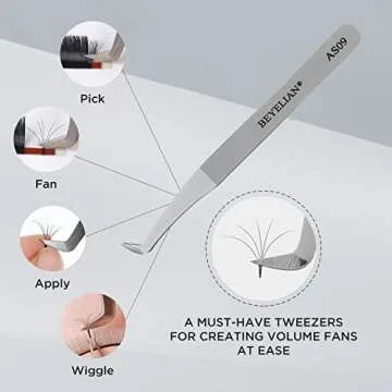 Volume Lash Tweezers Beyelian Lash Tweezers for Eyelash Extensions, Curved L High Precision Tip for Mega Fans, Stainless Steel AS09 Silver.