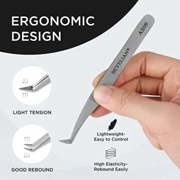 Volume Lash Tweezers Beyelian Lash Tweezers for Eyelash Extensions, Curved L High Precision Tip for Mega Fans, Stainless Steel AS09 Silver.