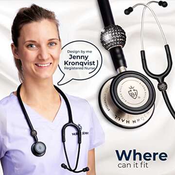 BJÖRN HALL Stethoscope Cardiology Charms for Littman Black | Fits Cardiology | Stethoscope Charms for Nurses | Ultrascope Gift for Men or Women Nurses, LVN, LPN Vet | Rose Gold - Ebony Beauty Crystal