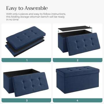 SONGMICS MAZIE Collection - 30 Inches Folding Storage Ottoman Bench, Ottoman Foot Rest, End of Bed Bench, Storage Chest, Load 660 lb, for Living Room, Bedroom, Entryway, Midnight Blue ULSF47IN
