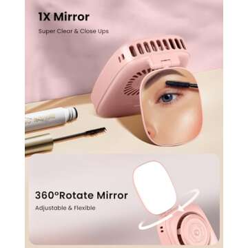 Gaiatop Mini Neck Fan, Rechargeable LED Power Display 3 Speed 360°Rotate Lash Makeup Mirror Cute Camera Design, Small Portable USB Handheld Desk Fans Personal Cooling Travel Essentials Pink