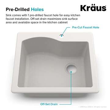 KRAUS Quarza 25-inch Drop-In/Undermount Single Bowl Granite Kitchen Sink in White. KGD-441WHITE