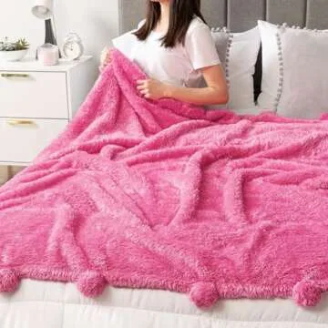 PAVILIA Pink Sherpa Throw Blanket for Couch, Warm Plush Pom Pom Blanket Throw, Hot Pink Fuzzy Sofa Throw, Lightweight Soft Cozy Fluffy Blanket with Pom Poms, Pink, 50x60