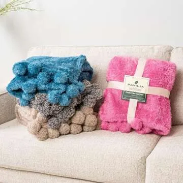 PAVILIA Pink Sherpa Throw Blanket for Couch, Warm Plush Pom Pom Blanket Throw, Hot Pink Fuzzy Sofa Throw, Lightweight Soft Cozy Fluffy Blanket with Pom Poms, Pink, 50x60