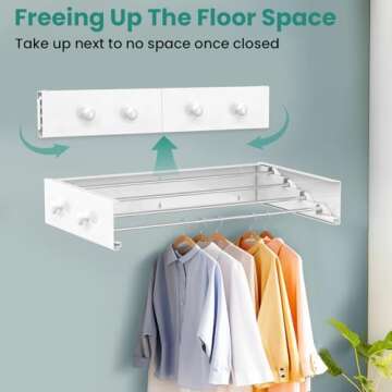 Muibe Upgrade 4 Knob Hooks Wall Mounted Clothes Drying Rack, Foldable Collapsible Wall Mount Laundry Drying Rack Indoor, Drying Rack Clothing, Towel Drying Rack with Wall Template, 4 Rods, 23.6"
