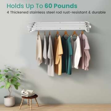 Muibe Upgrade 4 Knob Hooks Wall Mounted Clothes Drying Rack, Foldable Collapsible Wall Mount Laundry Drying Rack Indoor, Drying Rack Clothing, Towel Drying Rack with Wall Template, 4 Rods, 23.6"