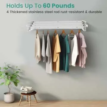Muibe Upgrade 4 Knob Hooks Wall Mounted Clothes Drying Rack, Foldable Collapsible Wall Mount Laundry Drying Rack Indoor, Drying Rack Clothing, Towel Drying Rack with Wall Template, 4 Rods, 23.6"