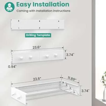 Muibe Upgrade 4 Knob Hooks Wall Mounted Clothes Drying Rack, Foldable Collapsible Wall Mount Laundry Drying Rack Indoor, Drying Rack Clothing, Towel Drying Rack with Wall Template, 4 Rods, 23.6"