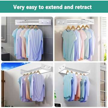 Muibe Upgrade 4 Knob Hooks Wall Mounted Clothes Drying Rack, Foldable Collapsible Wall Mount Laundry Drying Rack Indoor, Drying Rack Clothing, Towel Drying Rack with Wall Template, 4 Rods, 23.6"
